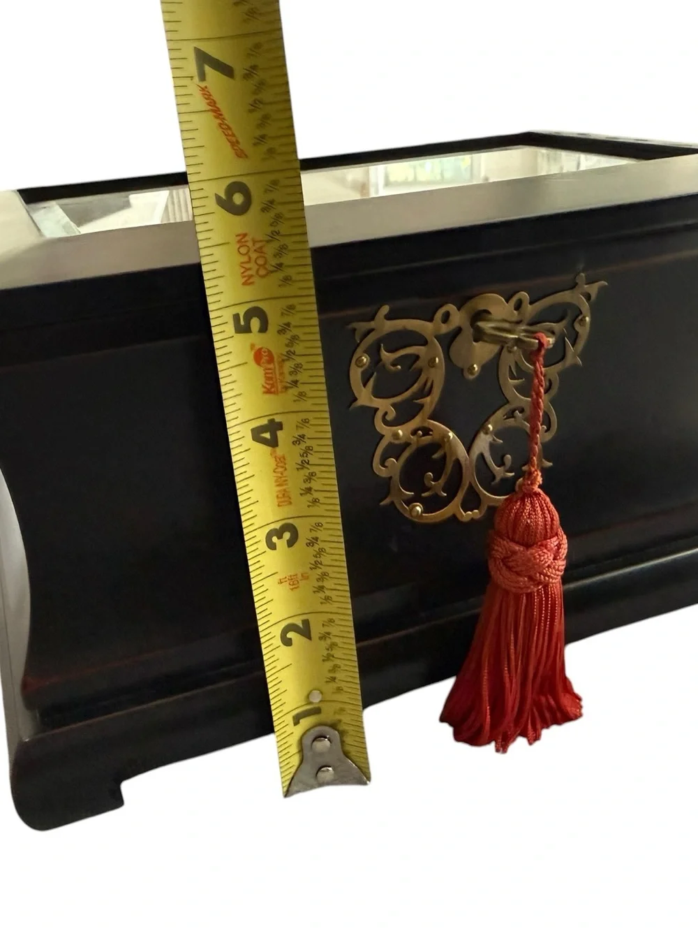 Vintage Asian Black Lacquer Wooden Jewelry Box Glass Top Key Tassel Brass